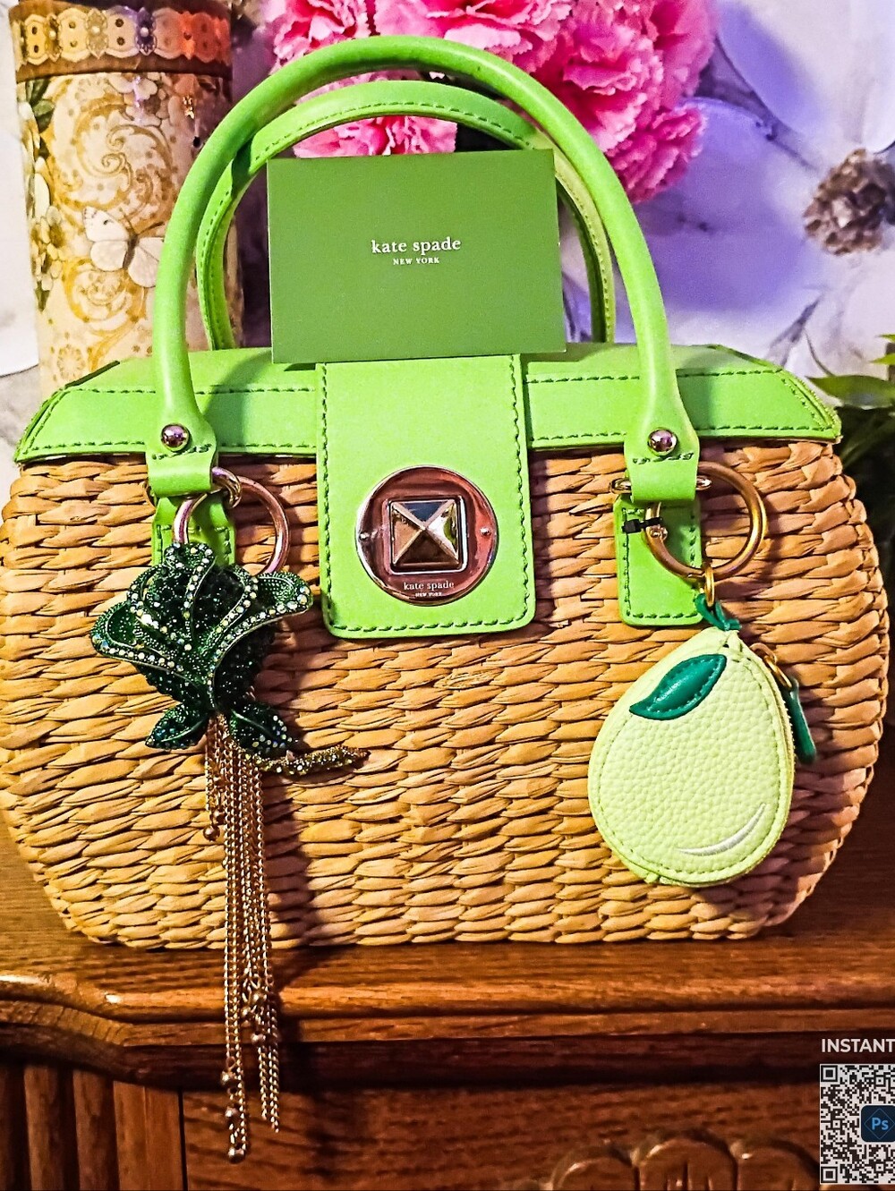 Vintage Kate Spade New With Brand Card Lime Wicker Rattan Basket NWOT Pristine